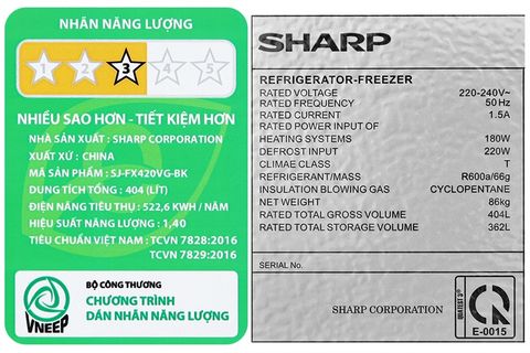 Tủ lạnh Sharp 362lit SJ-FX420VG-BK