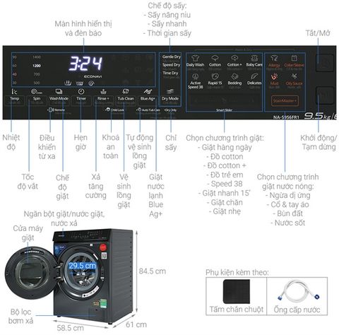 Máy giặt sấy Panasonic NA-S956FR1BV cửa ngang 9.5kg/ 6kg