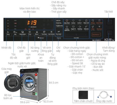 Máy giặt sấy Panasonic NA-V105FC1LV cửa ngang 10.5kg/ 2kg