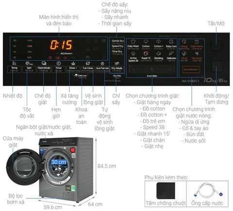 Máy giặt sấy Panasonic NA-S106FC1LV cửa ngang 10kg/ 6kg