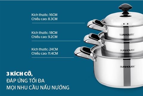 Bộ nồi Inox SUNHOUSE SH333 3 đáy 3 món