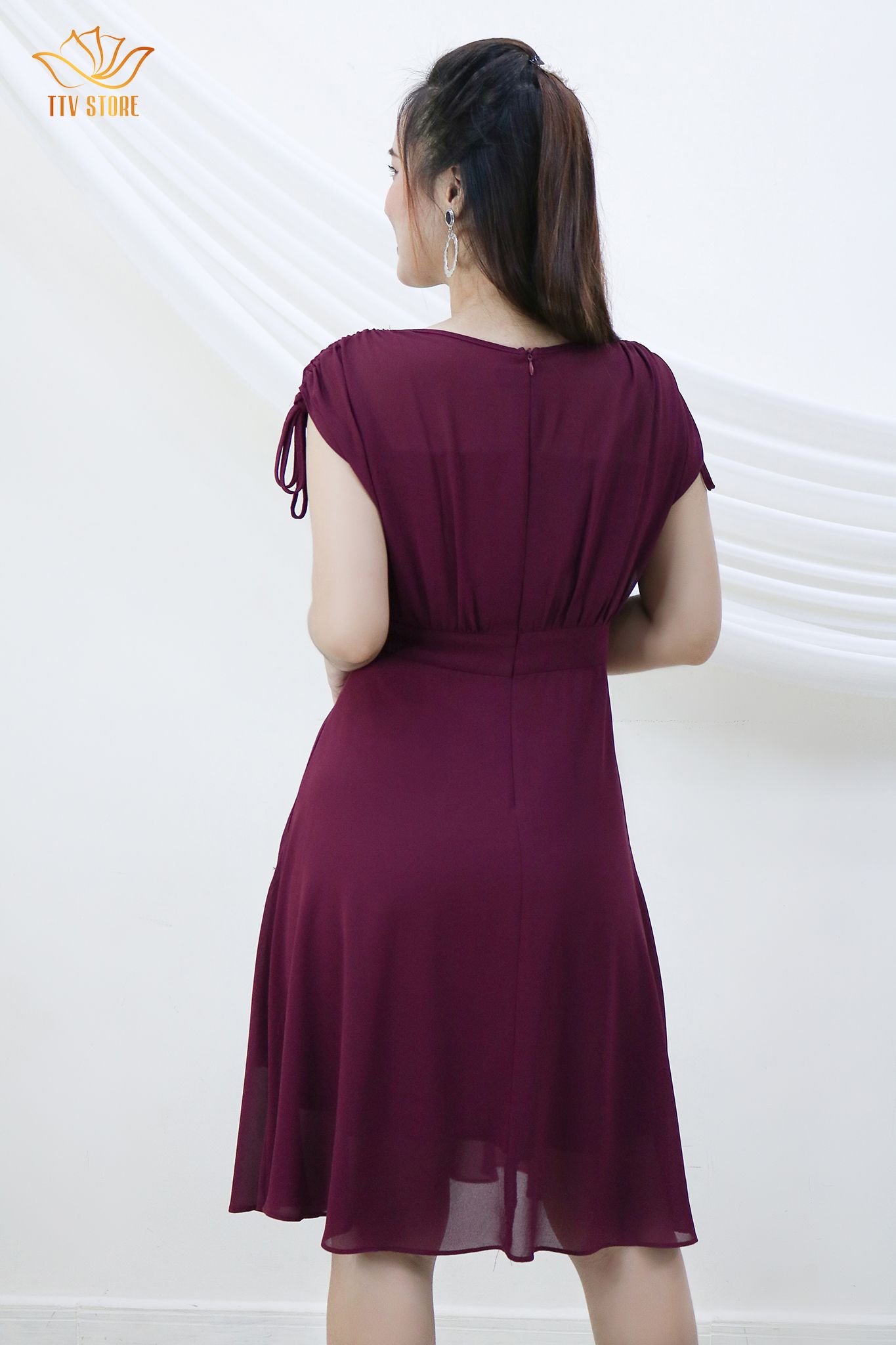 Đầm xòe tay - Chiffon cao cấp - đỏ mận - TTV303