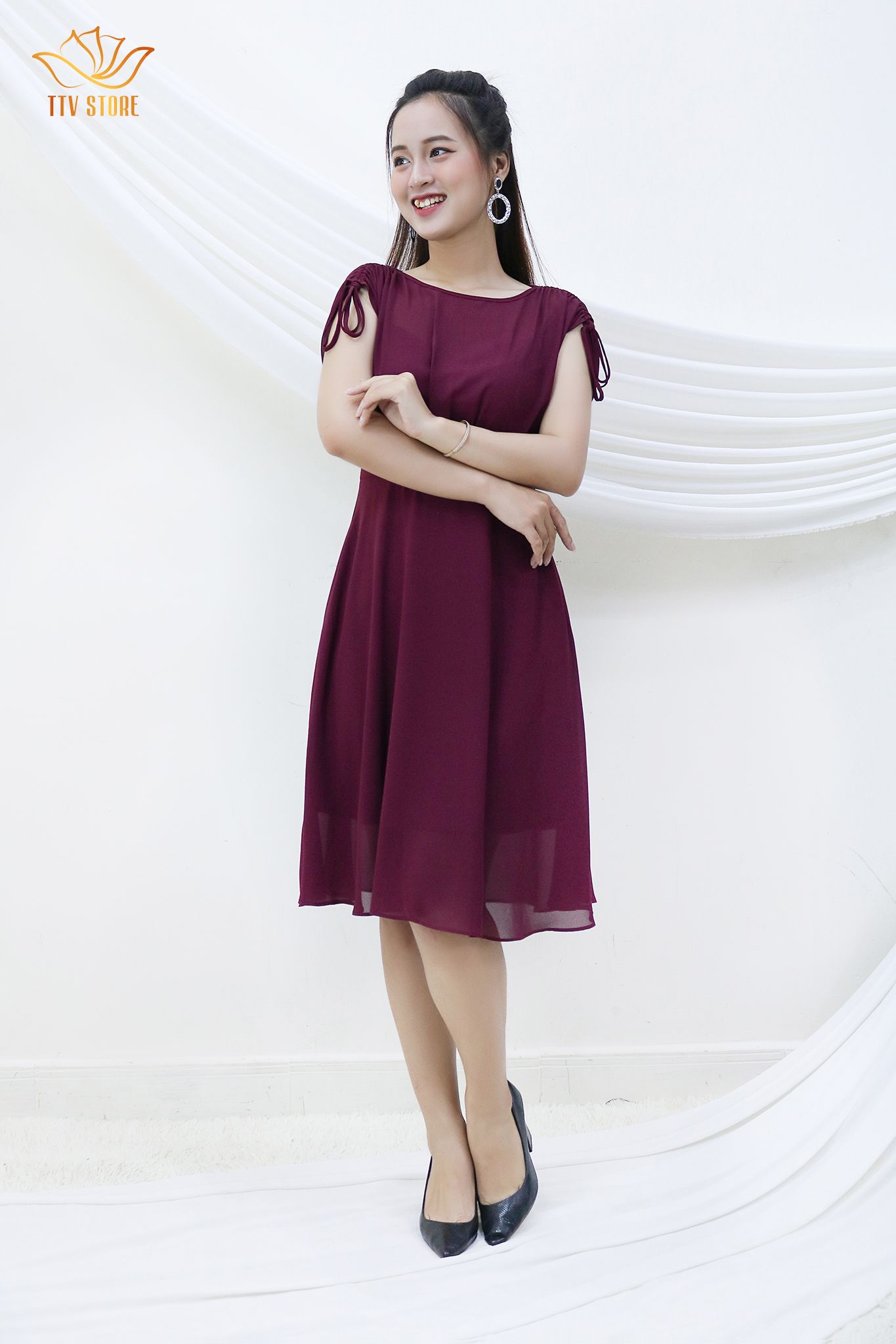 Đầm xòe tay - Chiffon cao cấp - đỏ mận - TTV303