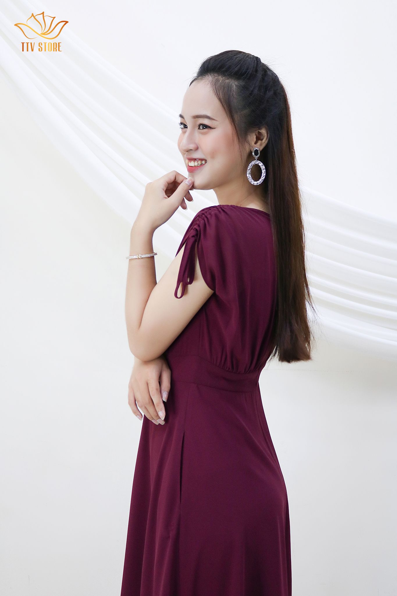 Đầm xòe tay - Chiffon cao cấp - đỏ mận - TTV303