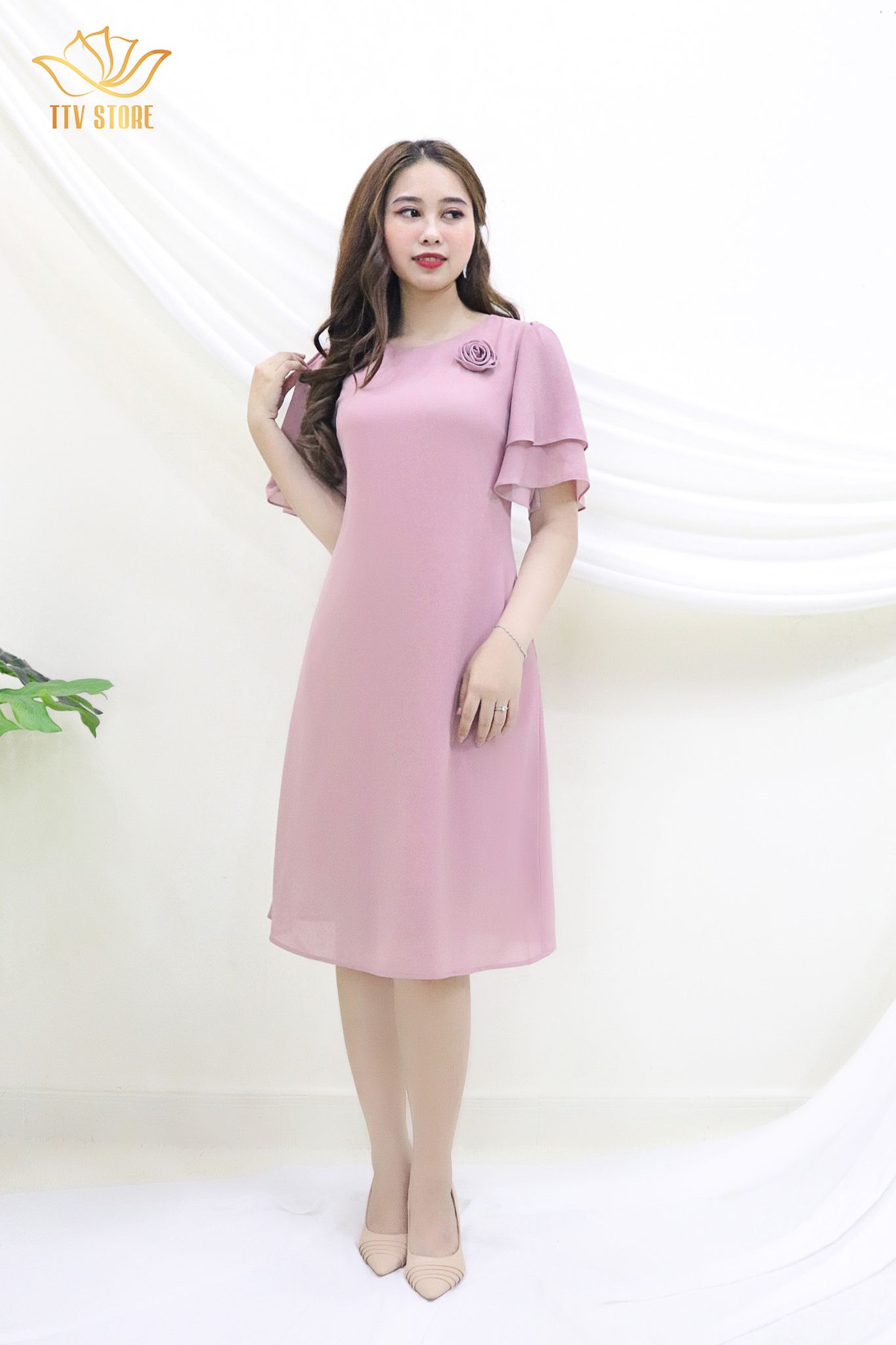 Đầm suông tay 2 tầng CT hồng ruốc TTV348