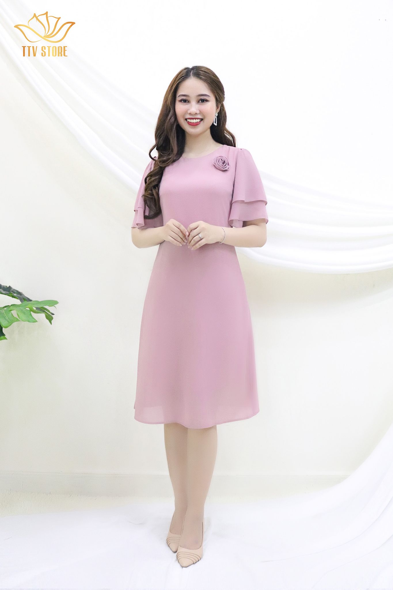 Đầm suông tay 2 tầng CT hồng ruốc TTV348