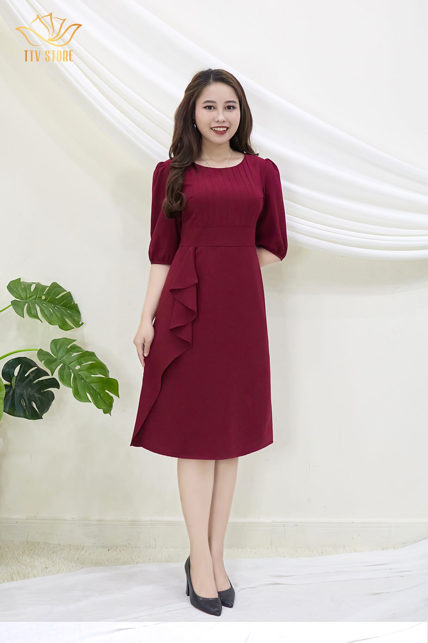 Đầm from a tay bo, cổ dập ly CT - Đỏ đô - TTV379