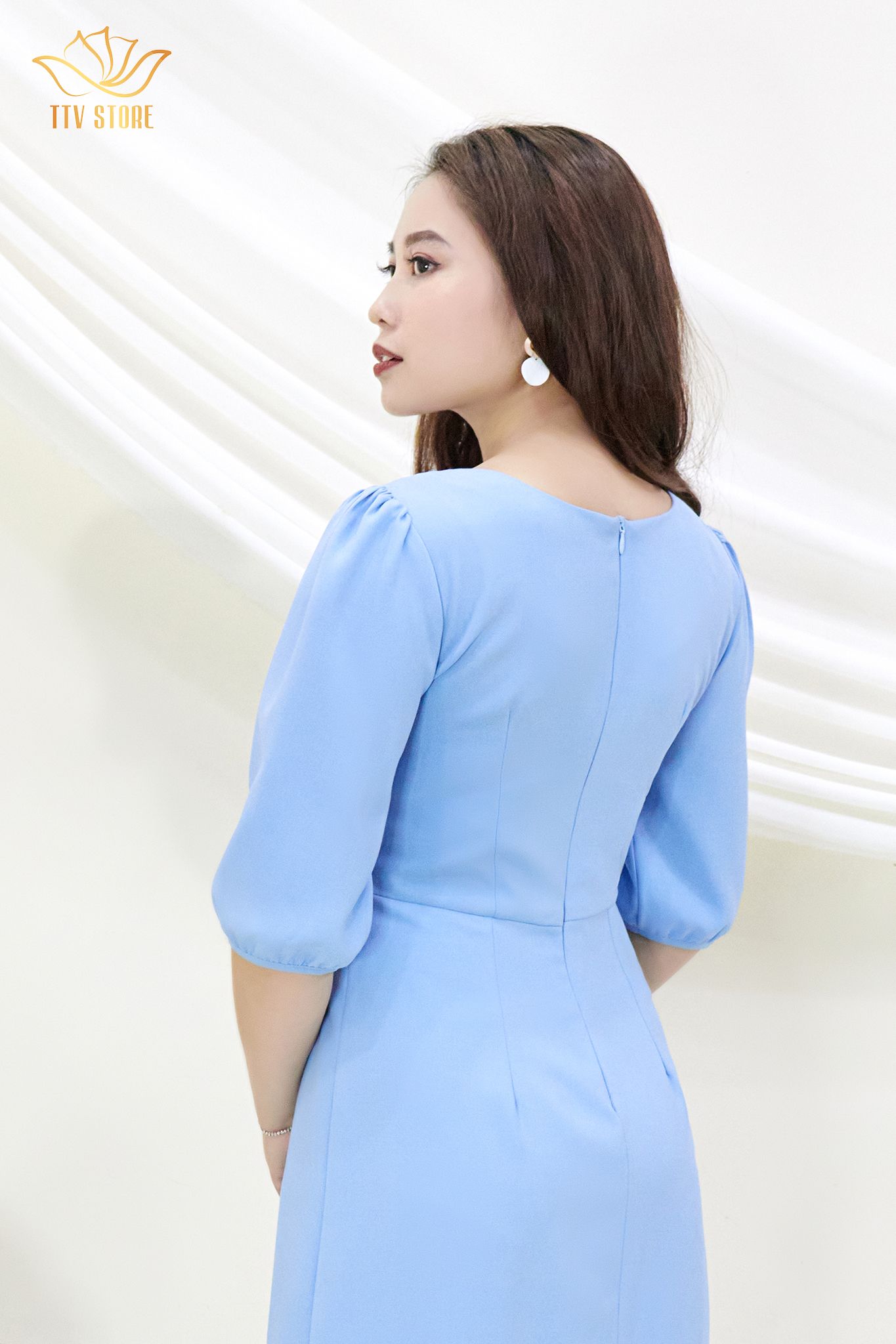 Đầm from a tay bo , cổ dập ly CT - Xanh dương - TTV379