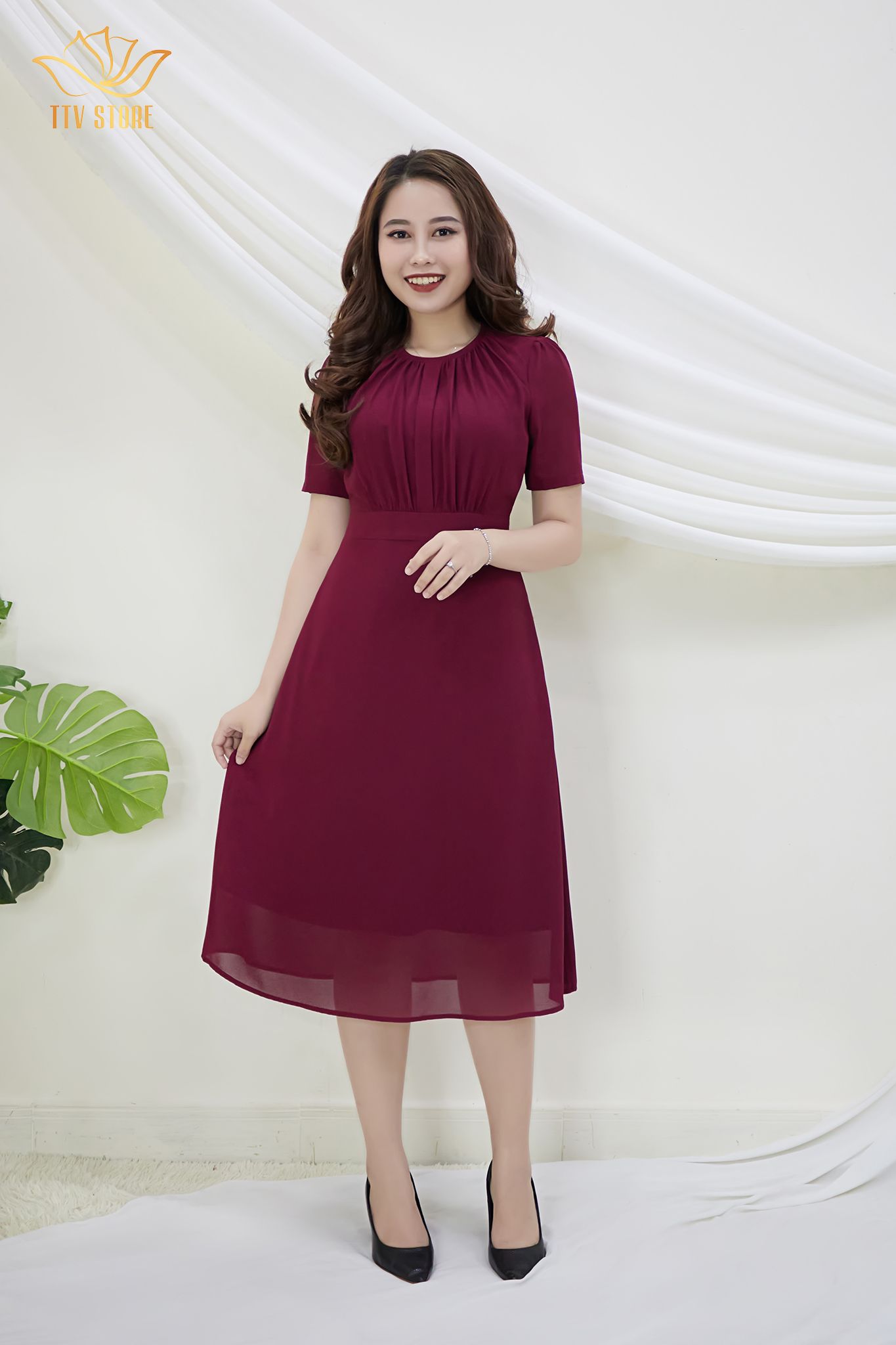 Đầm from a cổ tròn dập ly CD đỏ mận TTV383
