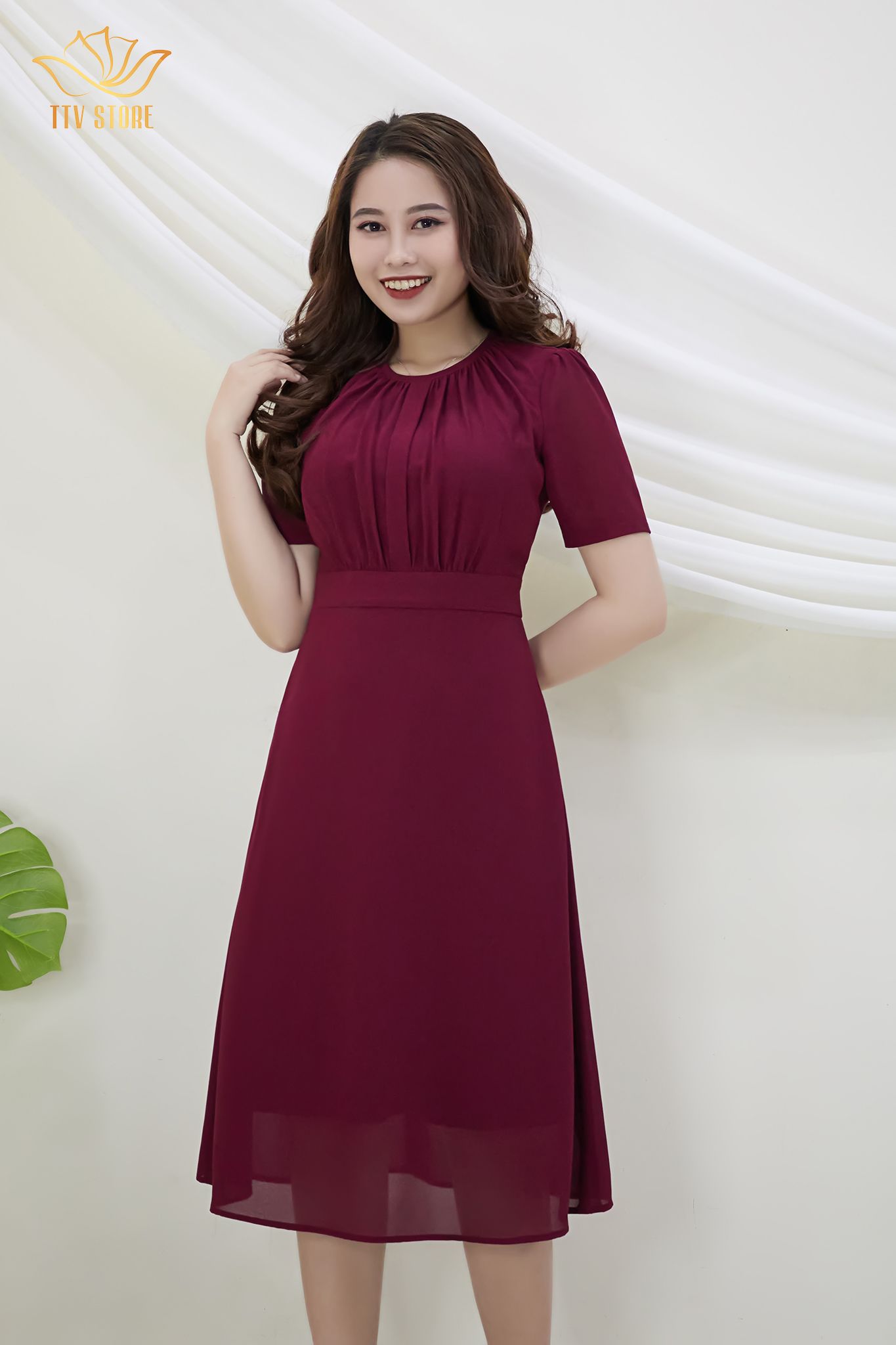 Đầm from a cổ tròn dập ly CD đỏ mận TTV383