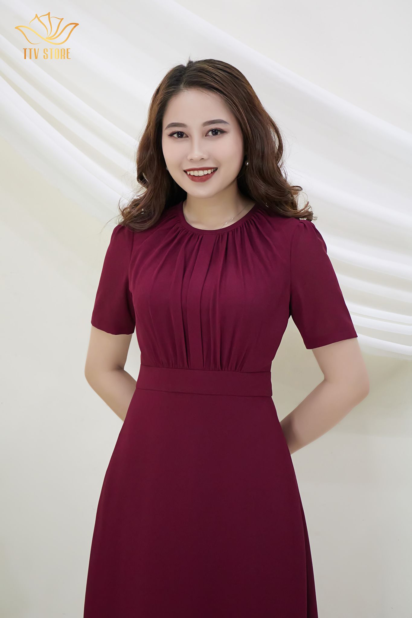 Đầm from a cổ tròn dập ly CD đỏ mận TTV383