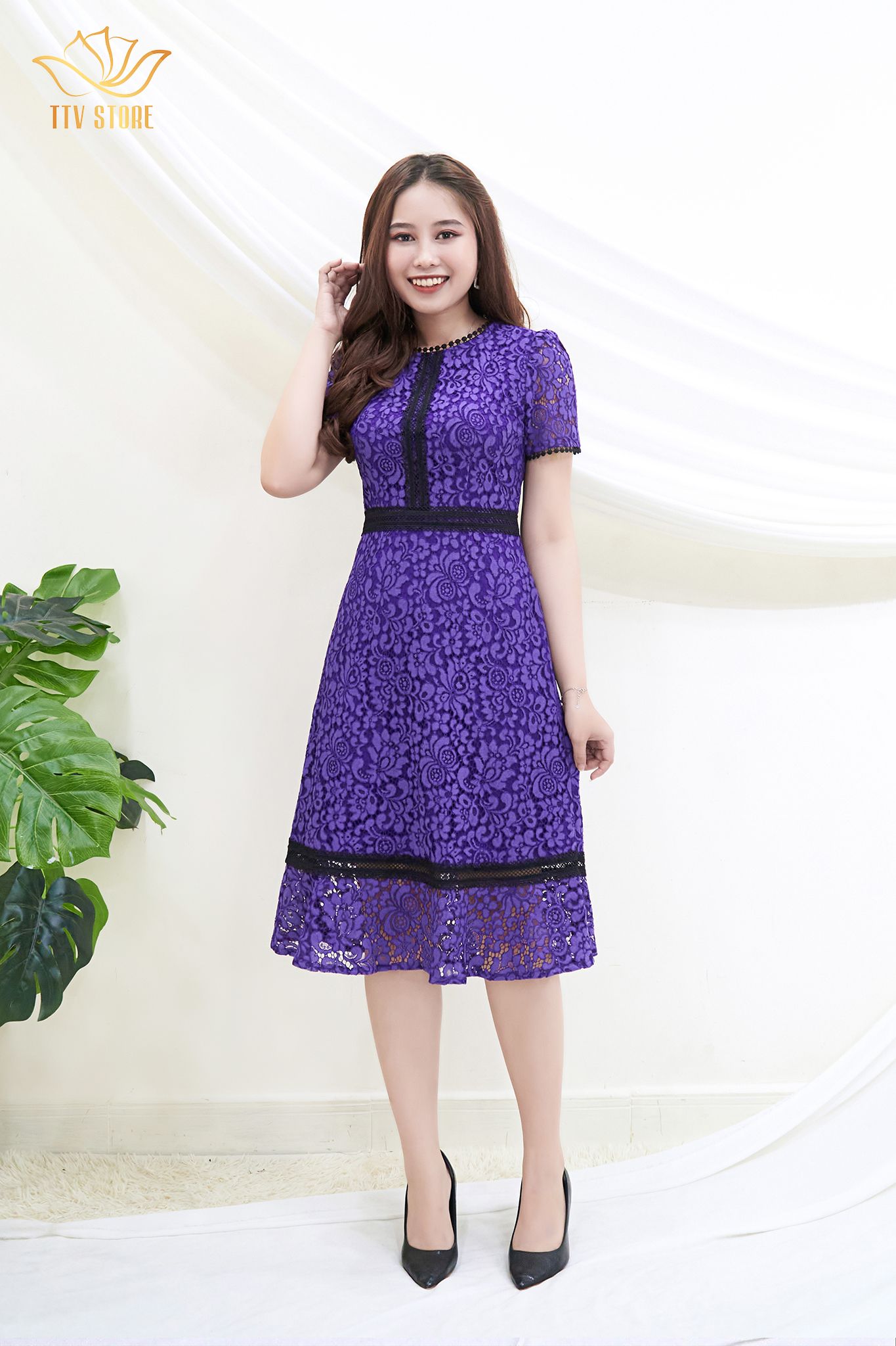 Đầm from A ren toàn thân CD ren tím TTV464
