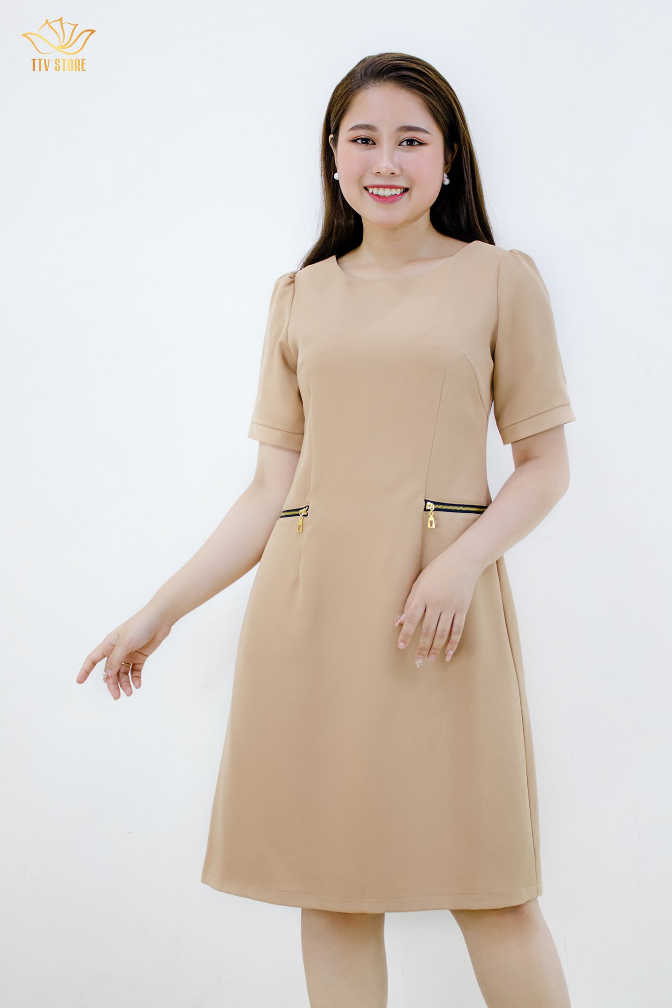 Đầm suông - Phối khóa túi CV - Da - TTV567