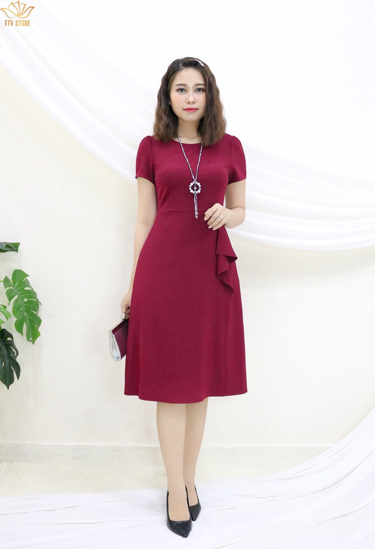 TTV324 đỏ đô - Đầm form A xếp bèo eo CT