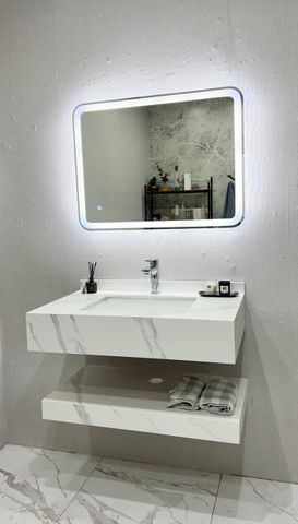 Bộ bàn đá lavabo bàn đá 2 tầng kèm gương và vòi BR 425-80