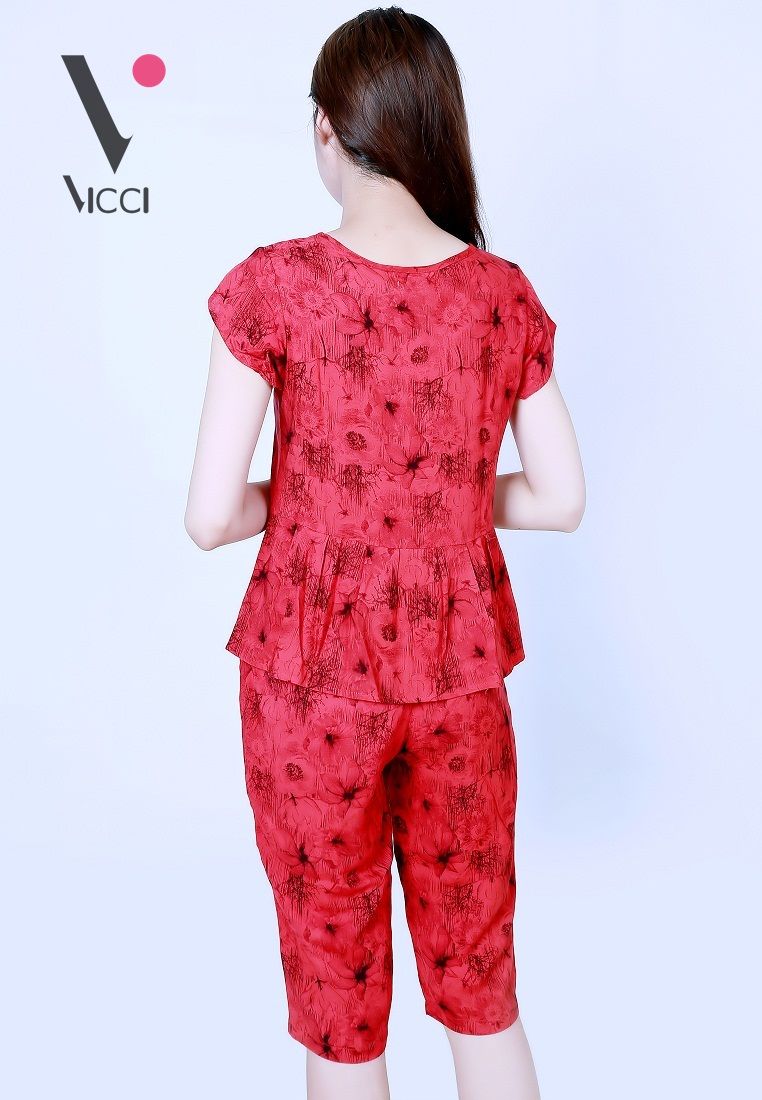 Bộ mặc nhà (tole) lanh cao cấp Vicci họa tiết hoa nền đỏ- BN057.10