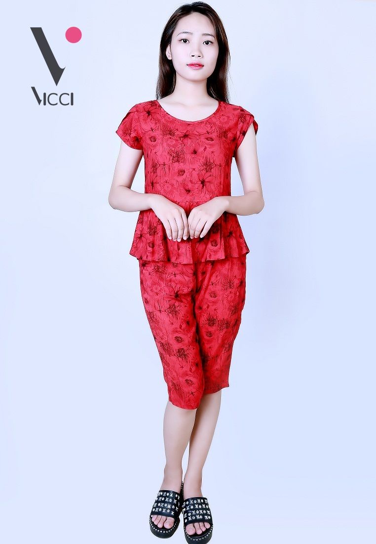 Bộ mặc nhà (tole) lanh cao cấp Vicci họa tiết hoa nền đỏ- BN057.10