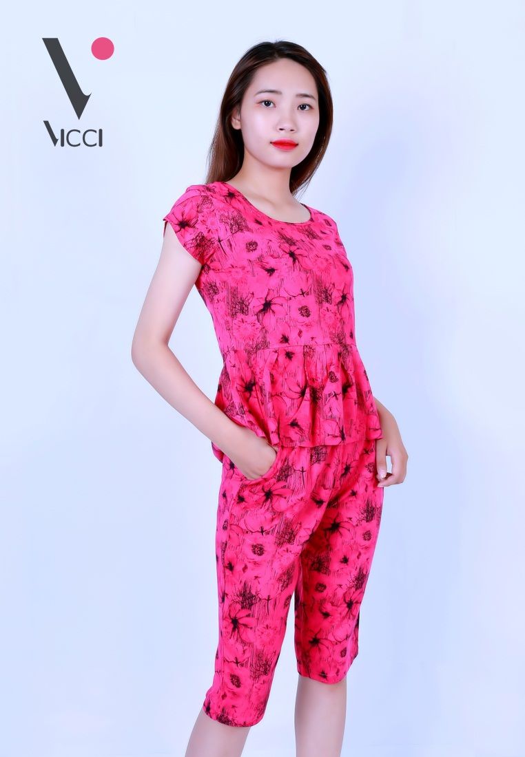 Bộ mặc nhà (tole) lanh cao cấp Vicci họa tiết hoa nền hồng sen - BN057.11