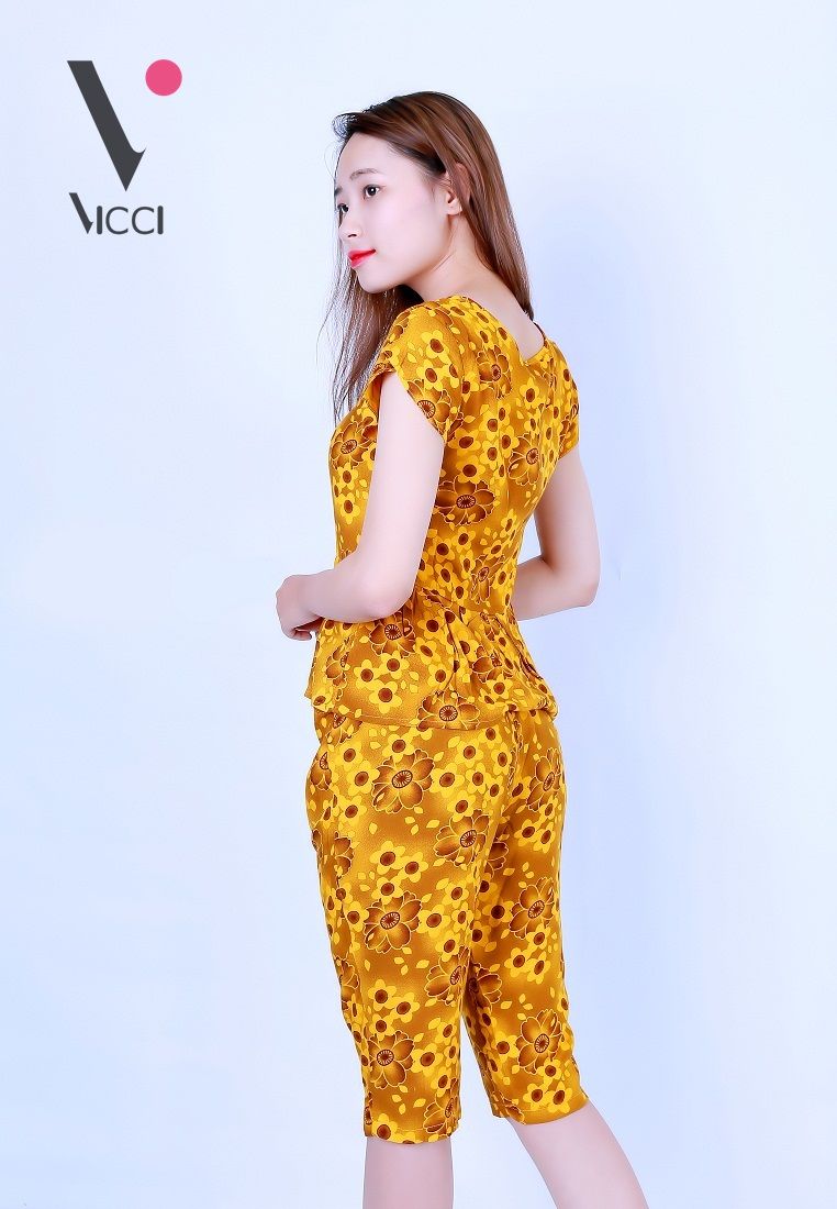 Bộ mặc nhà (tole) lanh cao cấp Vicci họa tiết hoa nền cốm- BN057.21