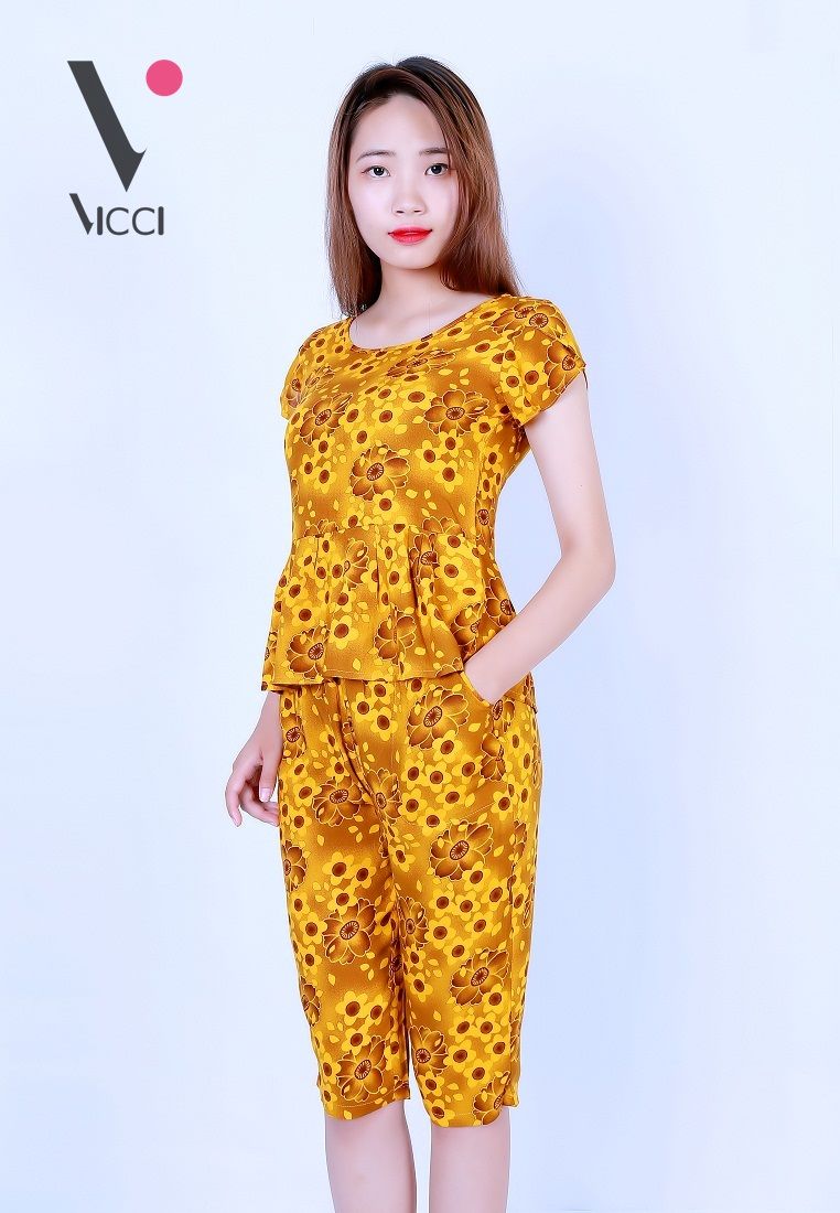 Bộ mặc nhà (tole) lanh cao cấp Vicci họa tiết hoa nền vàng- BN057.14