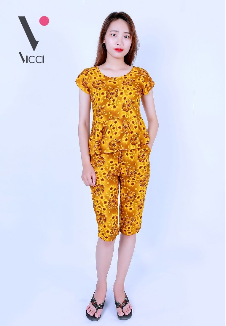 Bộ mặc nhà (tole) lanh cao cấp Vicci họa tiết hoa nền cốm- BN057.21