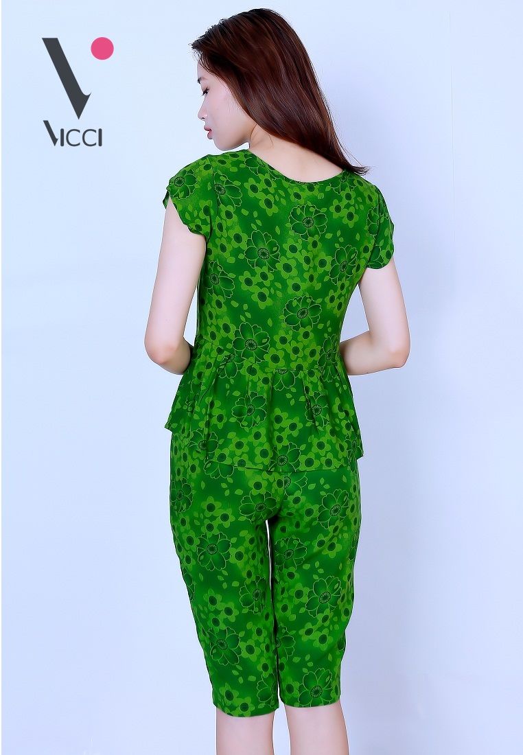 Bộ mặc nhà (tole) lanh cao cấp Vicci họa tiết hoa nền xanh - BN057.25