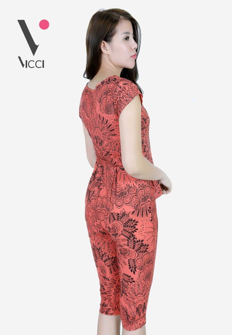 Bộ mặc nhà (tole) lanh cao cấp Vicci họa tiết hoa nền đỏ cam- BN057.26