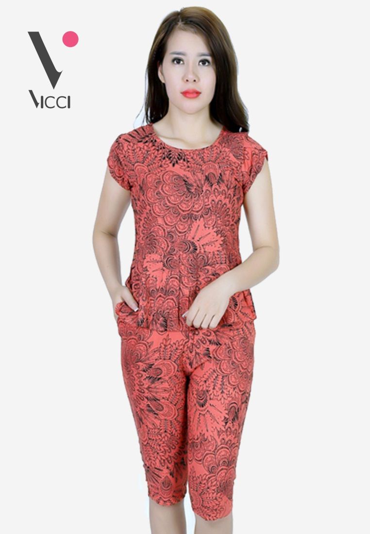 Bộ mặc nhà (tole) lanh cao cấp Vicci họa tiết hoa nền đỏ cam- BN057.26