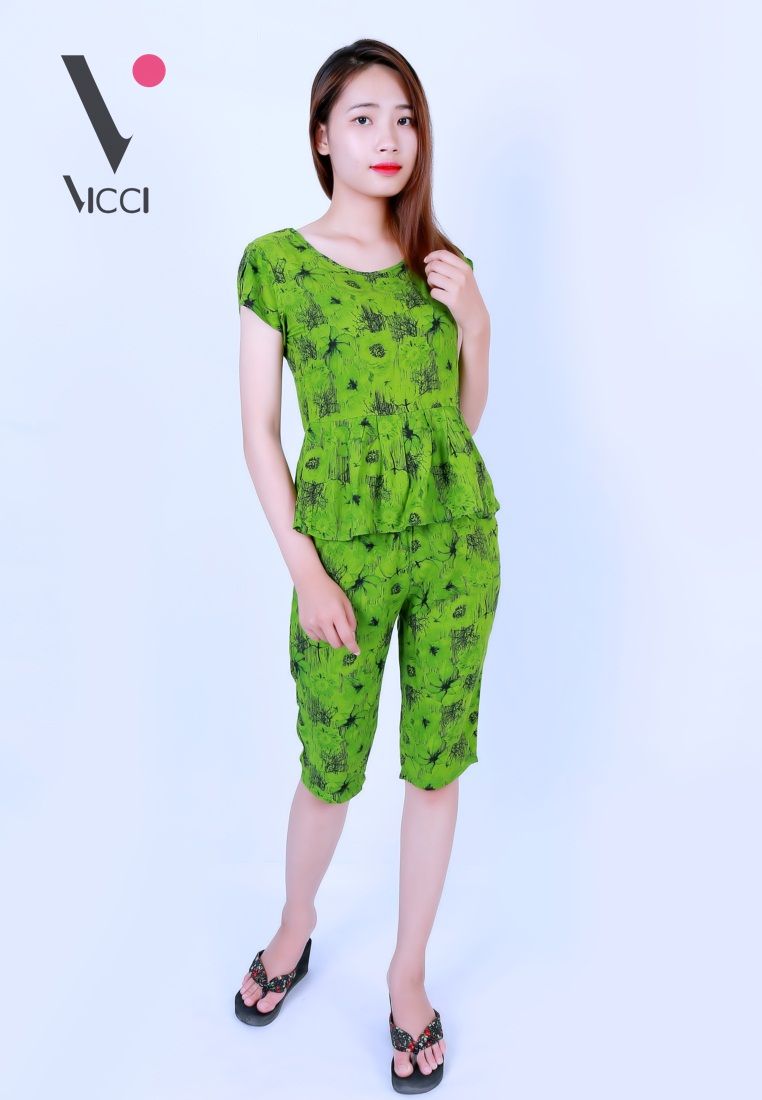 Bộ mặc nhà (tole) lanh cao cấp Vicci họa tiết hoa nền xanh- BN057.34