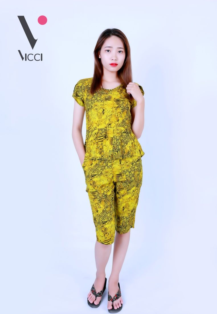 Bộ mặc nhà lanh (tole) lanh cao cấp Vicci họa tiết hoa nhí nền cốm - BN057.54