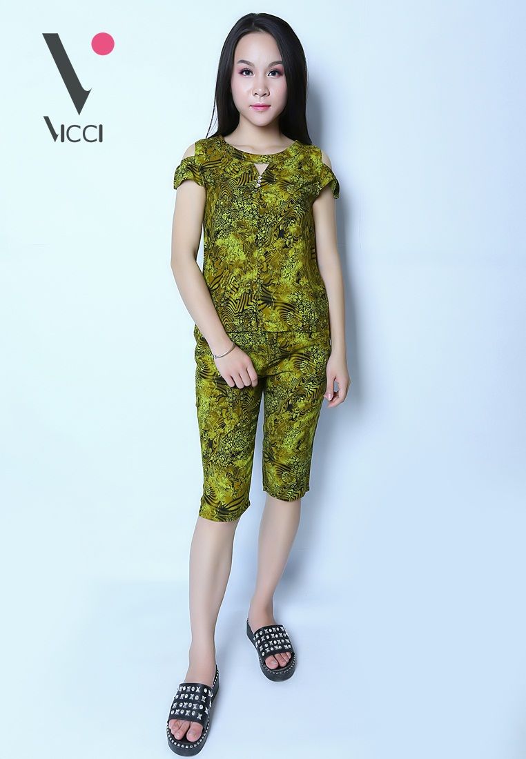 Bộ mặc nhà (tole) lanh Vicci cao cấp họa tiết hoa nhí nền cốm- BN078.14