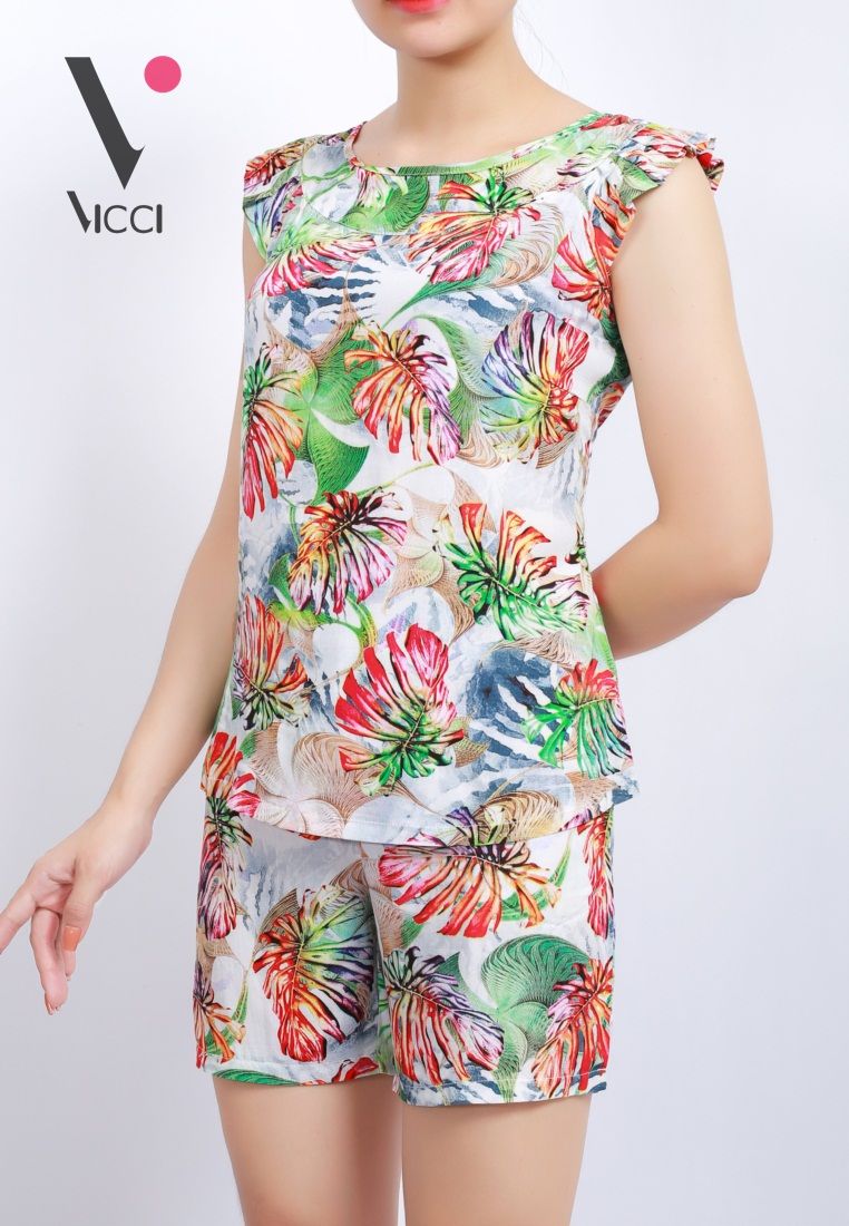 Bộ mặc nhà lanh (tole) soóc 3D cao cấp họa tiết lá- BS3D.069.12