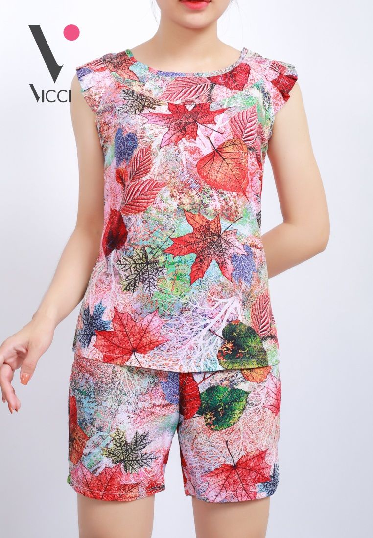 Bộ mặc nhà lanh (tole) soóc 3D cao cấp họa tiết lá phong- BS3D.069.15