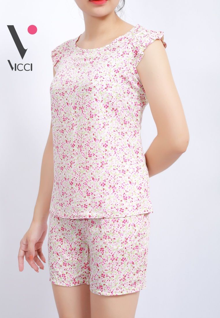 Bộ mặc nhà lanh (tole) chéo Hàn cao cấp họa tiết hoa nhí hồng- BSH.069.4
