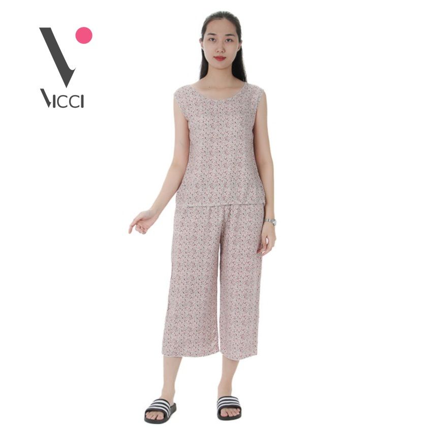 Bộ mặc nhà (tole) lanh chéo Hàn Vicci quần ống sớ hoạ tiết nhí đỏ- BST.086.11