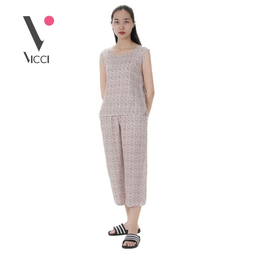 Bộ mặc nhà (tole) lanh chéo Hàn Vicci quần ống sớ hoạ tiết nhí đỏ- BST.086.11