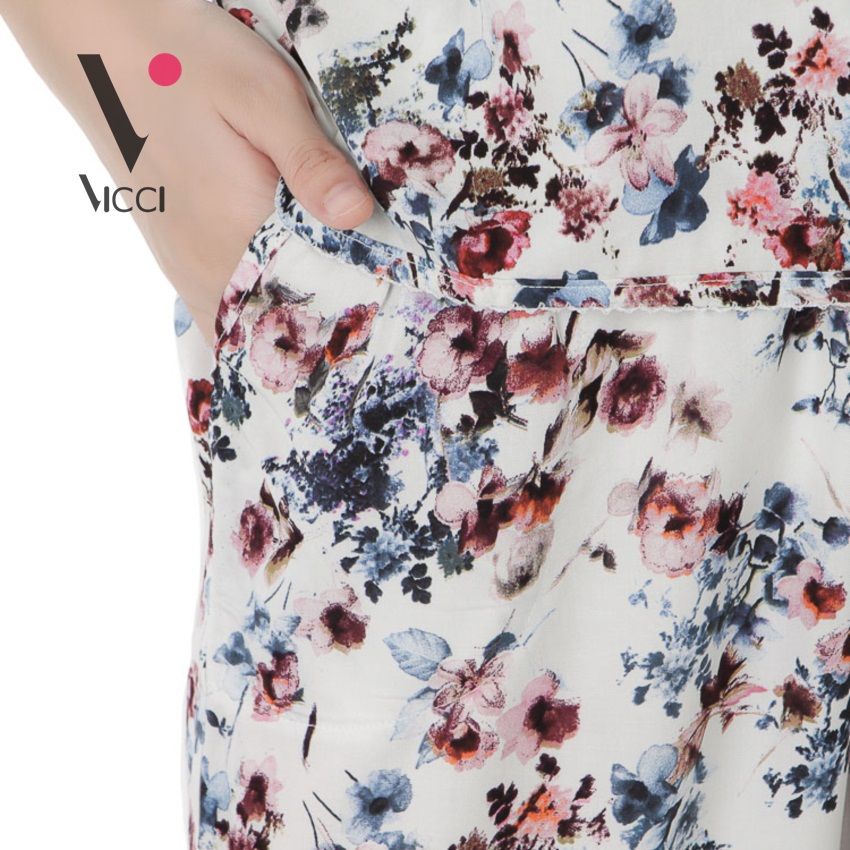 Bộ mặc nhà (tole) lanh chéo Hàn Vicci quần ống sớ hoạ tiết hoa nâu-BST.086.12