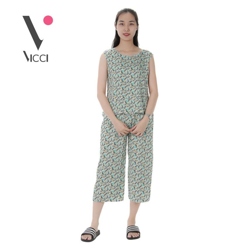 Bộ mặc nhà (tole) lanh chéo Hàn Vicci quần ống sớ hoạ tiết hoa- BST.086.13