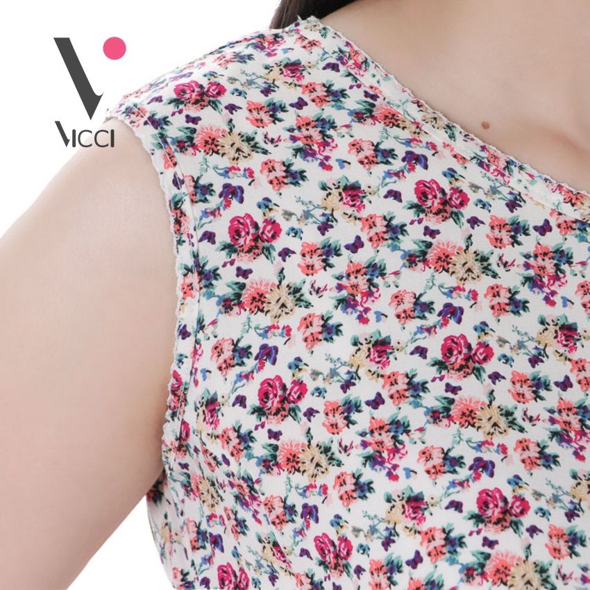 Bộ mặc nhà (tole) lanh chéo Hàn Vicci quần ống sớ hoạ tiết hoa nhí nền trắng- BST.086.2
