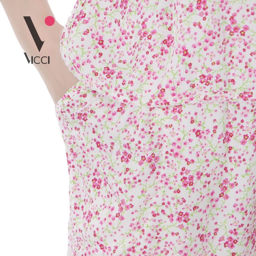 Bộ mặc nhà (tole) lanh chéo Hàn Vicci quần ống sớ hoạ tiết hoa hồng nhí- BST.086.3