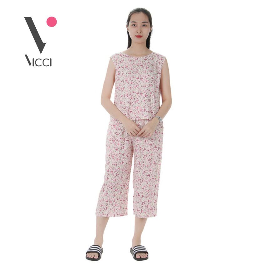 Bộ mặc nhà (tole) lanh chéo Hàn Vicci quần ống sớ hoạ tiết hoa hồng nhí- BST.086.3