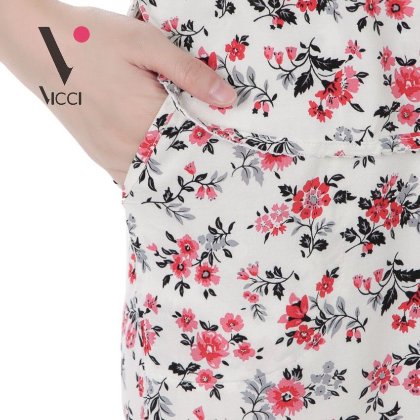 Bộ mặc nhà (tole) lanh chéo Hàn Vicci quần ống sớ hoạ tiết hoa đỏ nền kem- BST.086.7
