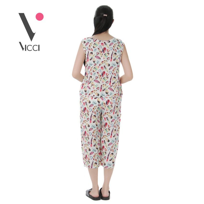 Bộ mặc nhà (tole) lanh chéo Hàn Vicci quần ống sớ hoạ tiết hoa đỏ nền kem- BST.086.7