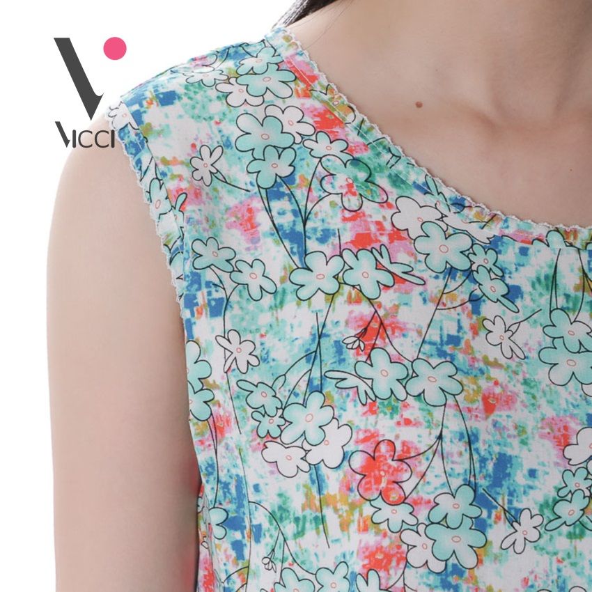 Bộ mặc nhà (tole) lanh chéo Hàn Vicci quần ống sớ hoạ tiết hoa xanh- BST.086.8