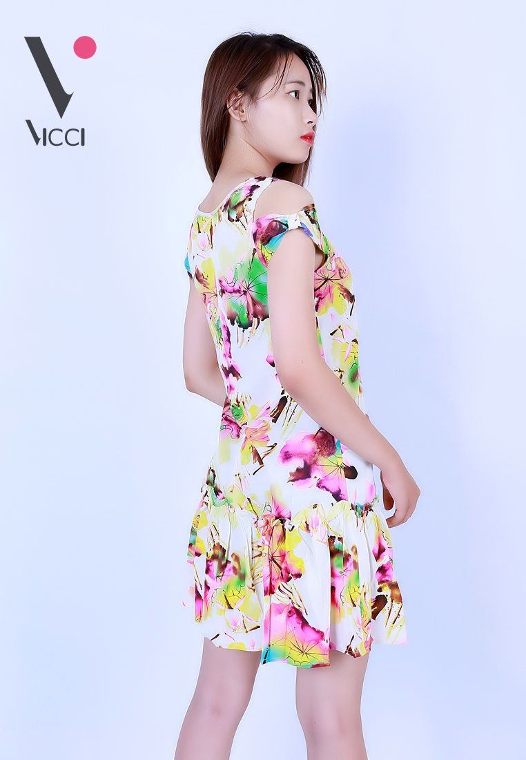 Váy đầm lanh (Tole) vải chéo Hàn cao cấp Vicci có tay hoạ tiết hoa sen hồng nền trắng vàng- CVN004.2