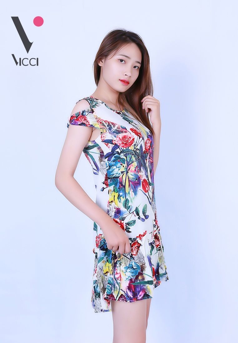 Váy đầm lanh (Tole) Vicci vải xước cao cấp có tay họa tiết hoa hồng- TVN004.4