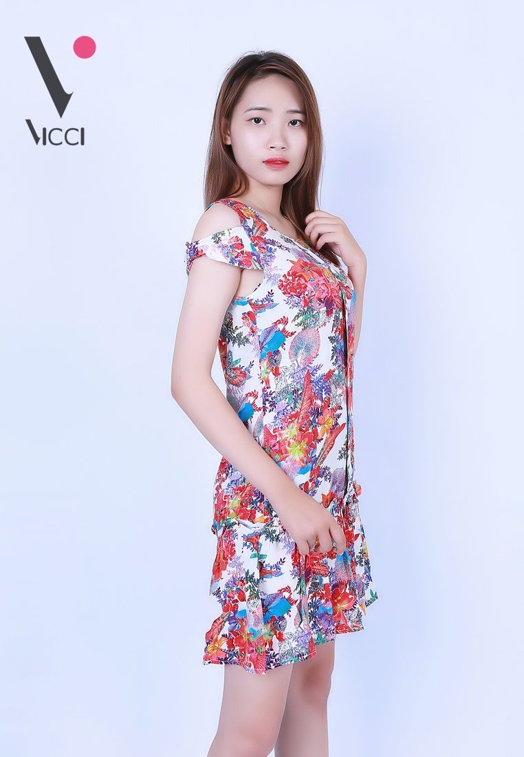 Váy đầm lanh (Tole) xước Vicci có tay họa tiết hoa- TVN004.6