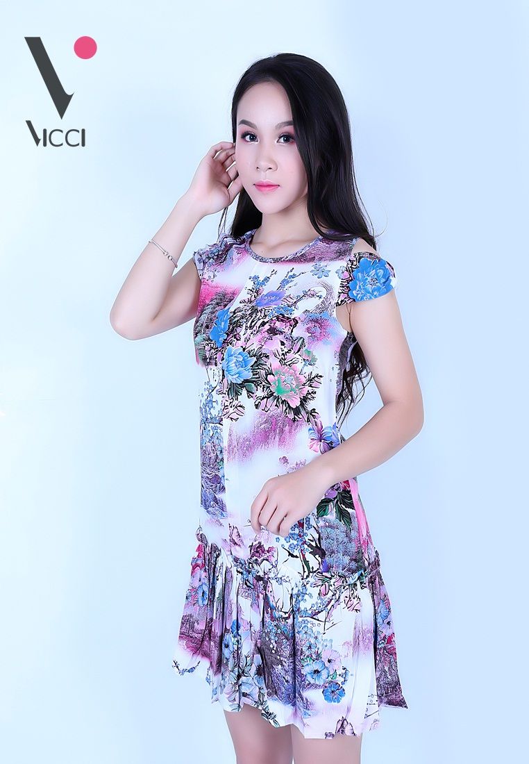 Váy đầm lanh (Tole) Thái 3D Vicci có tay cao cấp hoạ tiết hoa xanh cầu-TVN004.10