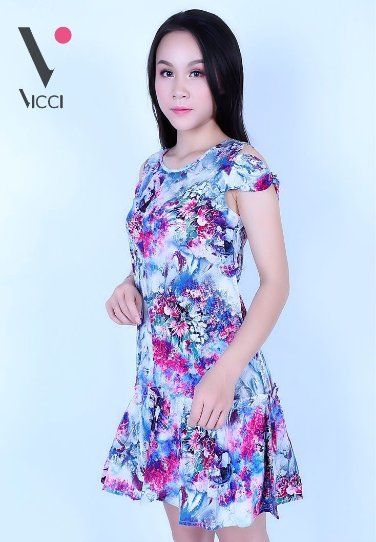 Váy đầm lanh (Tole) xước Vicci có tay cao cấp hoạ tiết hoa hoa nền tím- TVN004.12