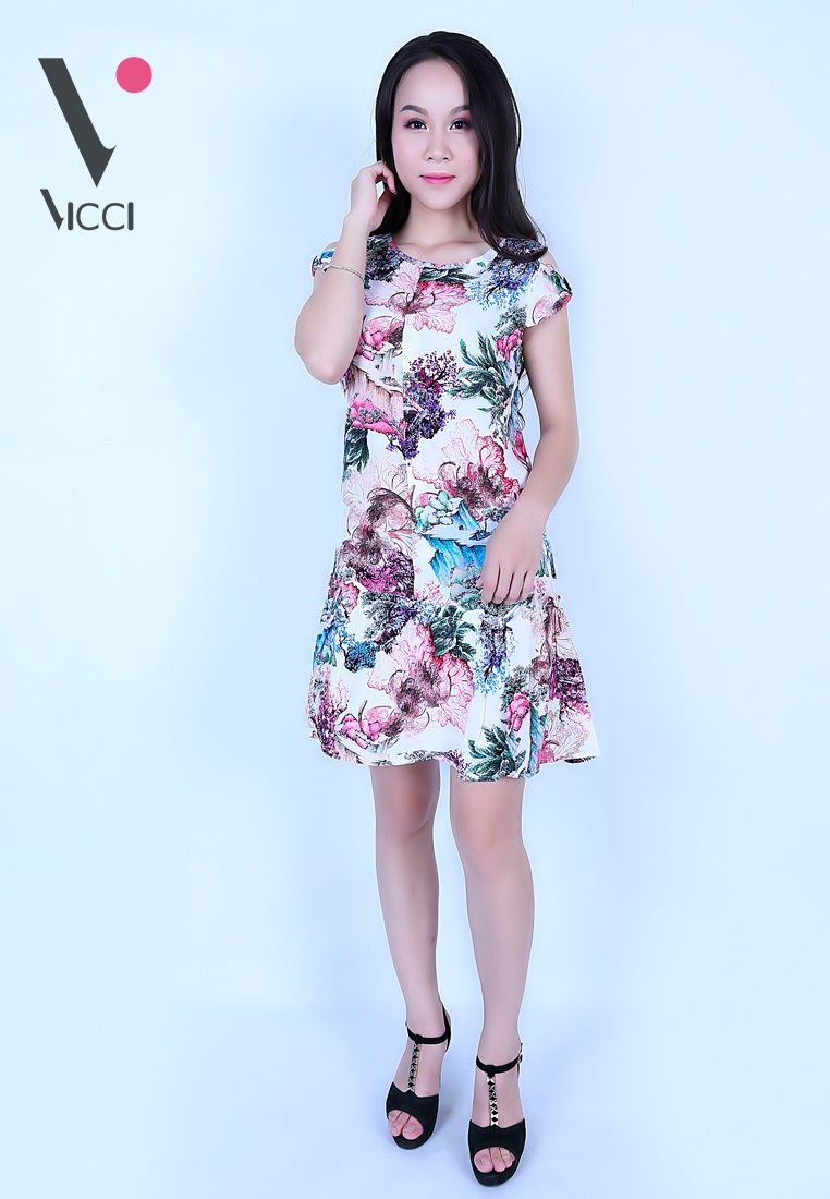 Váy đầm lanh (Tole) Thái 3D Vicci hoạ tiết hoa nền hồng- TVN004.13